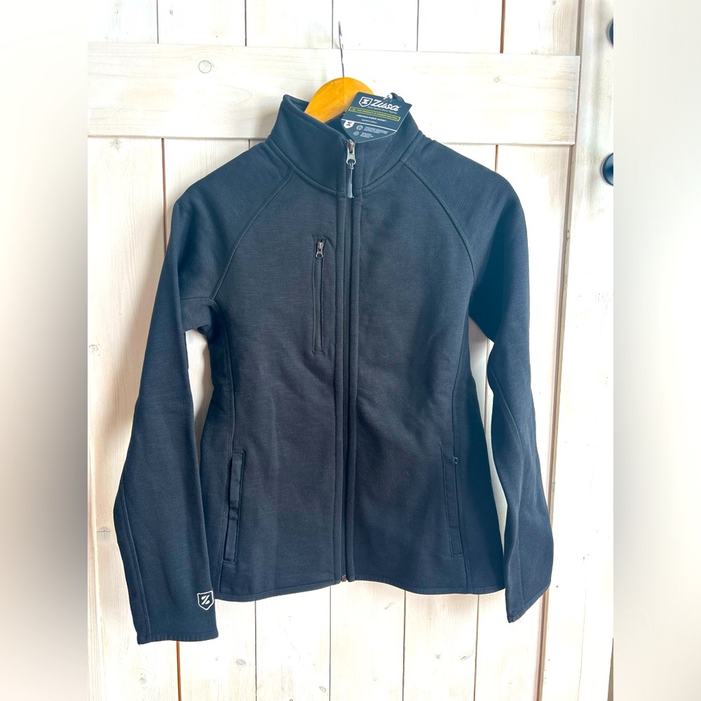 Zusa eco-friendly cotton/poly zip up lightweight black jacket, size small.